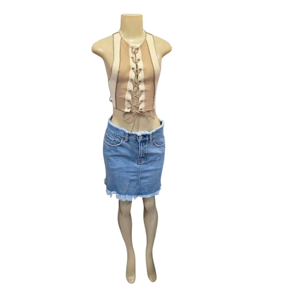 Maniere De Voir Avant Garde  Lace Up Corset Women's Cream and Tan Crop Top Sz‎ 4